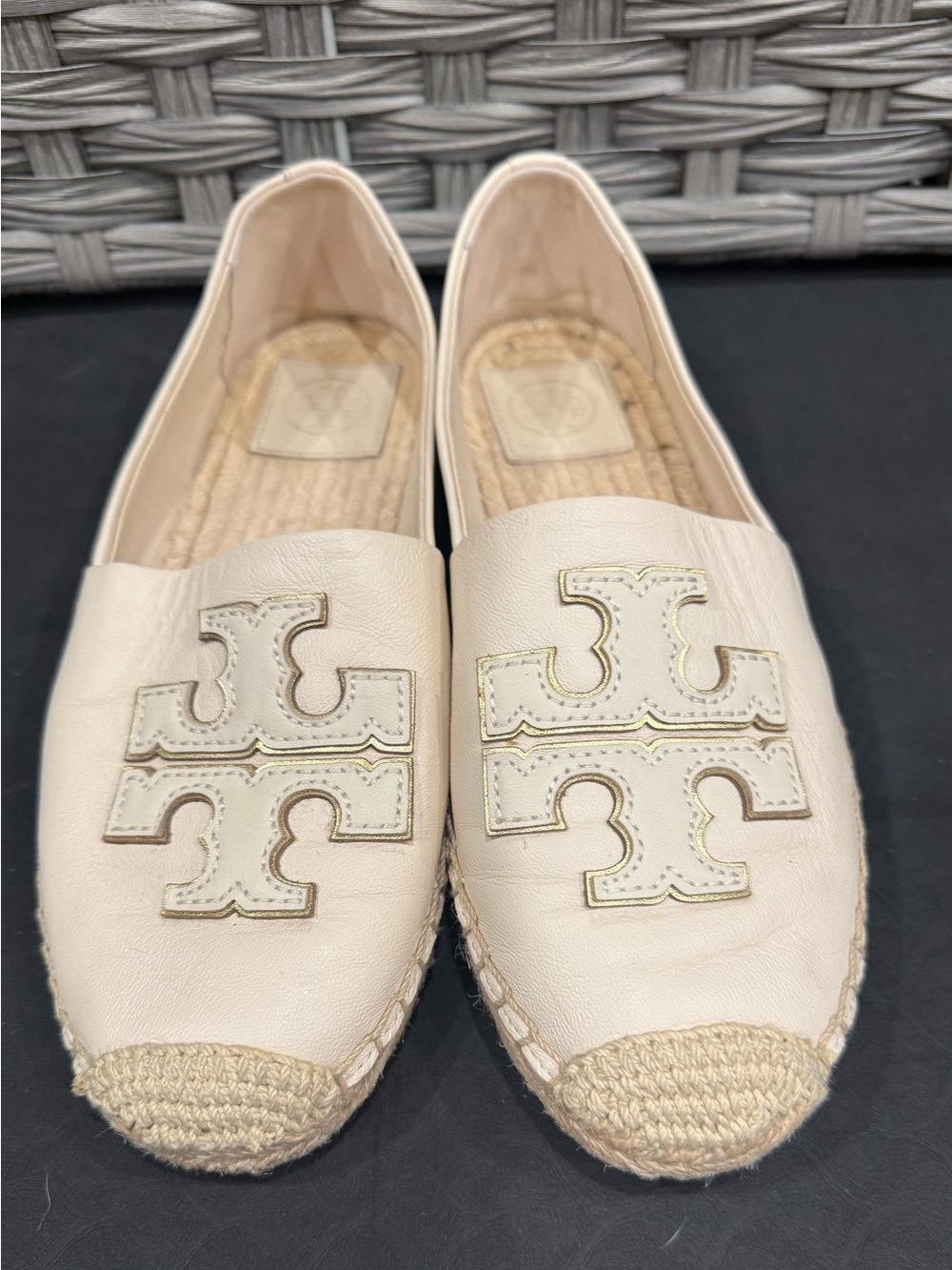Tory Burch Ivory Leather Logo Espadrille Flats Women's 7.5M